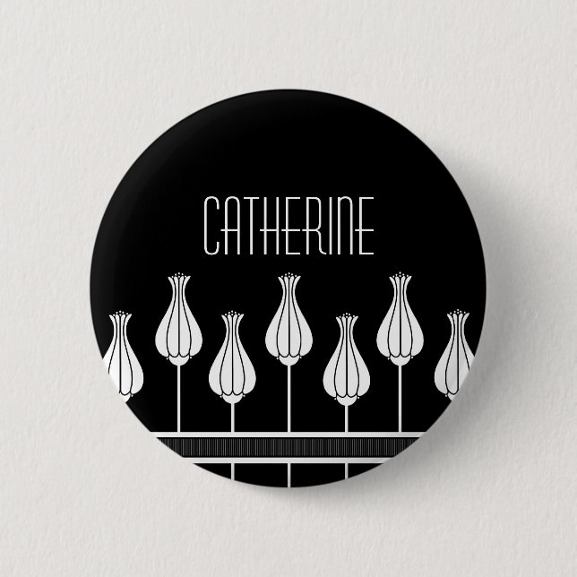 Black and White Art Deco Floral Button (Front)