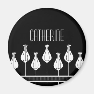 Black and White Art Deco Floral Magnet