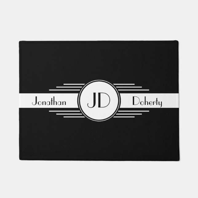 Black and White Art Deco Monogrammed Doormat (Front)
