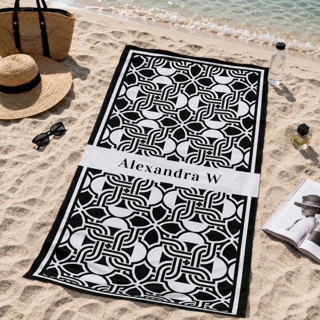 Black and White Art Deco Pattern Monogram Beach Towel (In Situ AI generated picture)