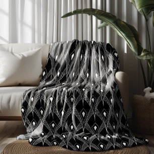 Black and white art-deco seamless pattern fleece blanket