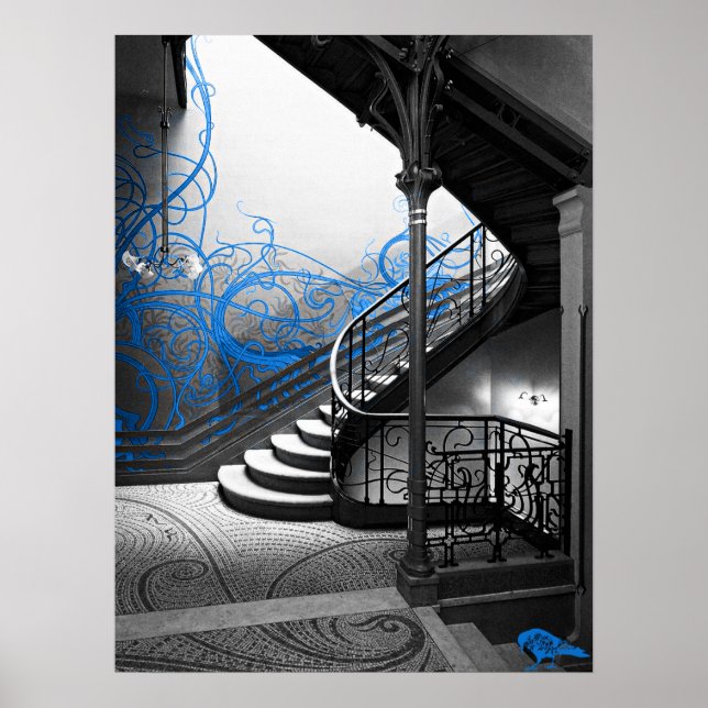 Black and White Art Deco Stairwell with Blue Poster (Front)