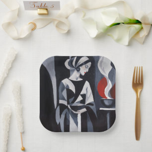 Black and White Art Deco Woman Portrait Paper Plat Plate