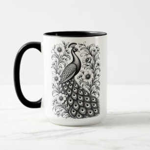 Black and White Art Nouveau Peacock Illustration Mug