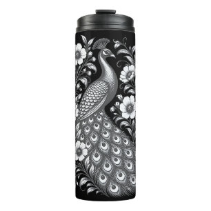 Black and White Art Nouveau Peacock Illustration Thermal Tumbler
