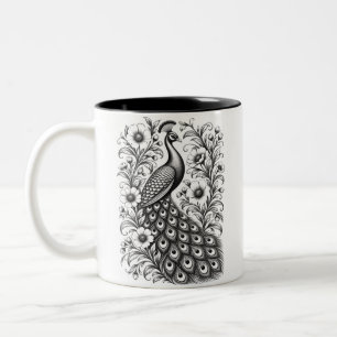 Black and White Art Nouveau Peacock Illustration Two-Tone Coffee Mug