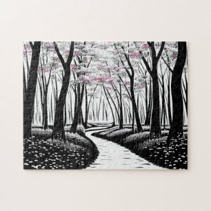 Black and White Art with Purple Leaves Jigsaw Puzzle