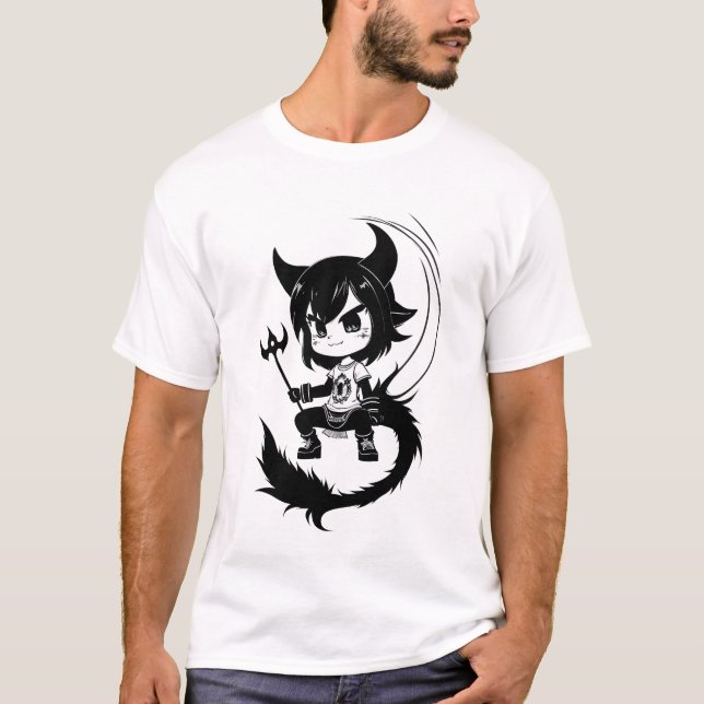 Black and White art young Devil girl  | AI Art T-Shirt (Front)