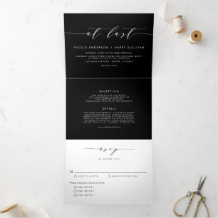 Black and White At Last Minimalist Script Wedding Tri-Fold Invitation
