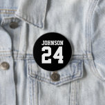 Black and White Athlete Name Jersey Number 7.5 Cm Round Badge<br><div class="desc">Cheer on your favourite sports team, football player or just show off your school pride with a custom personalised spirit button! Add your school name or personalise with a player's name and jersey number. Perfect for football, basketball, baseball and soccer games! Create custom pins for the whole team, cheerleaders, parents...</div>