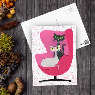 Black and White Atomic Cats Pink Chair Polka Dots Postcard