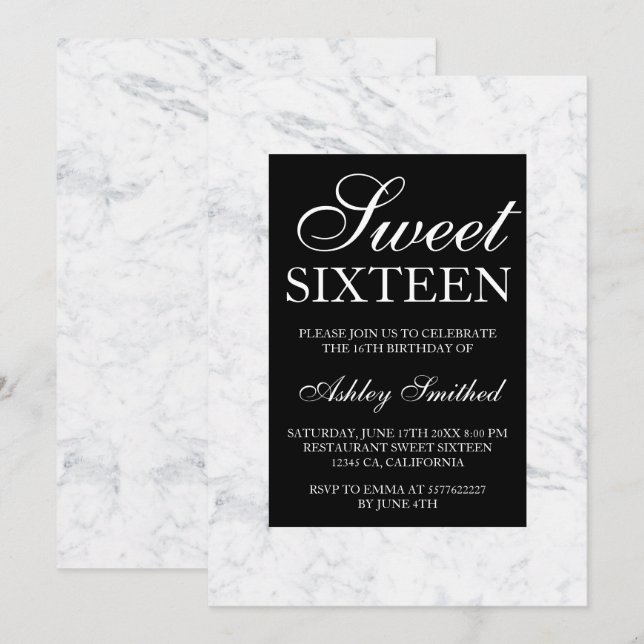 Black and white attire marble chic Sweet 16 Invitation (Front/Back)