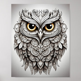 Black And White Awesome Cartoon Animal Owl Poster