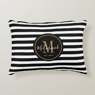 Black and White Awning Stripes Family Monogram Decorative Cushion