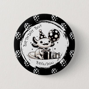 Black and White Axolotl & Balloons Birthday 6 Cm Round Badge