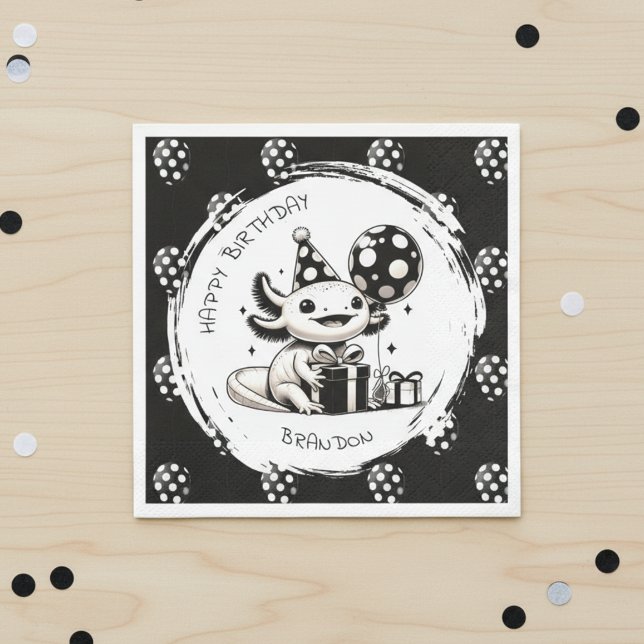 Black and White Axolotl & Balloons Birthday Napkin (Creator Uploaded)
