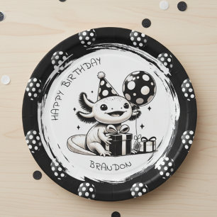 Black and White Axolotl & Balloons Birthday Paper Plate