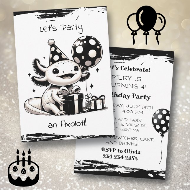 Black and White Axolotl Birthday Party Invitation (Creator Uploaded)