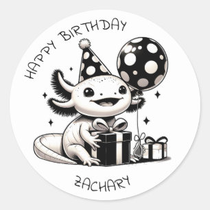 Black and White Axolotl Birthday Party Personalize Classic Round Sticker