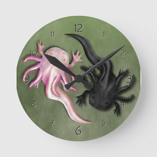 Black and White Axolotls Art Round Clock (Front)