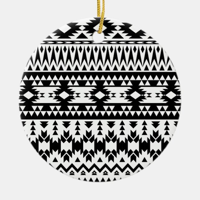 Black and White Aztec geometric vector pattern Ceramic Tree Decoration (Front)
