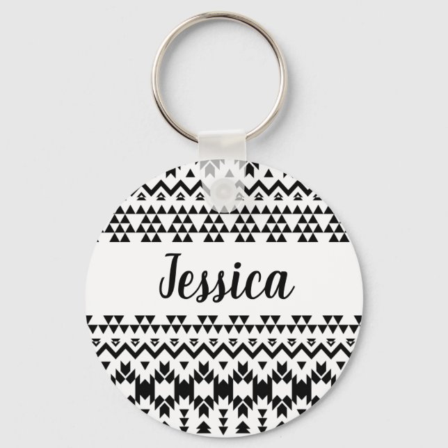 Black and White Aztec geometric vector pattern Key Ring (Front)