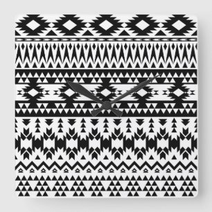 Black and White Aztec geometric vector pattern Square Wall Clock