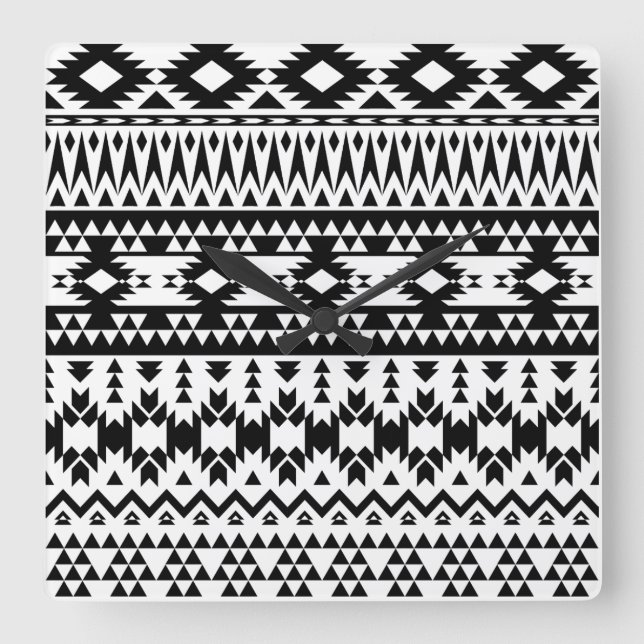 Black and White Aztec geometric vector pattern Square Wall Clock (Front)
