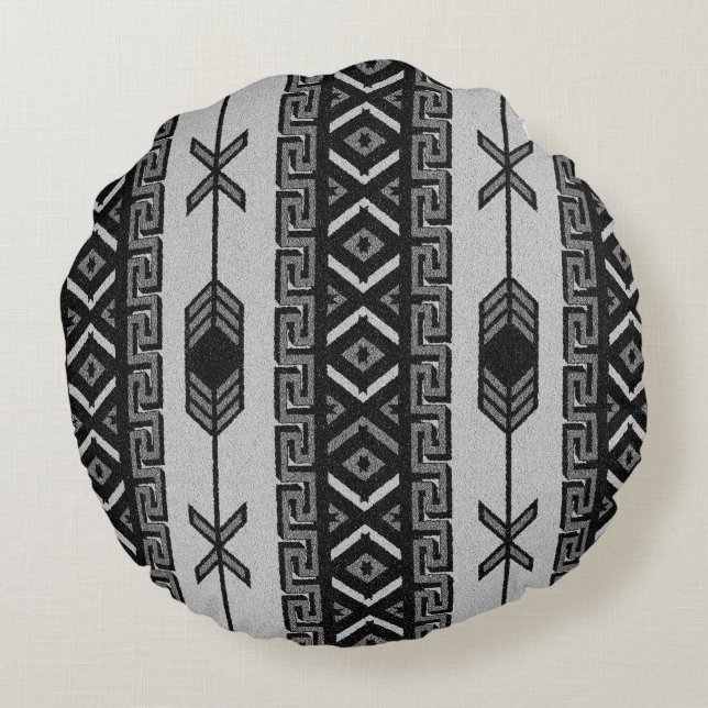 Black And White Aztec Pattern Southwestern Design Round Cushion (Back)