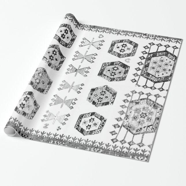 Black and White Aztec Shape Pattern Wrapping Paper (Unrolled)