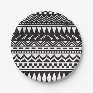 Black and White Aztec Tribal Paper Plate