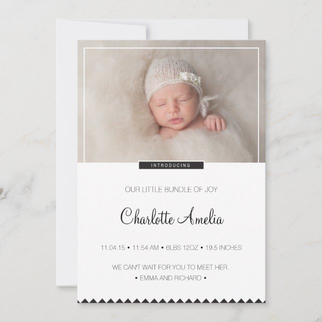 Black and White Baby Announcement for Boy or Girl (Front)