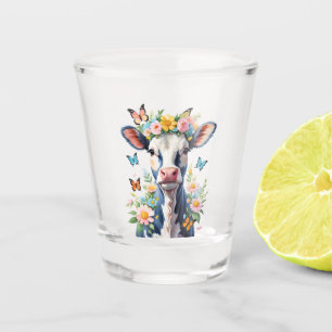 Black And White Baby Cow With Flower Crown Shot Glass