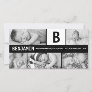 Black And White Baby Monogram 5 Photo Modern Birth Announcement