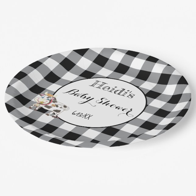 Black and White Baby Shower Paper Plates with Cow (Angled)