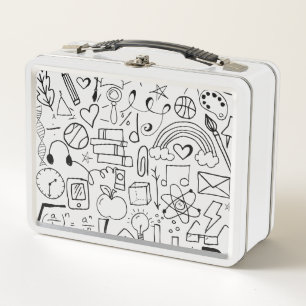 Black and White Back to School Doodle Art Metal Lunch Box