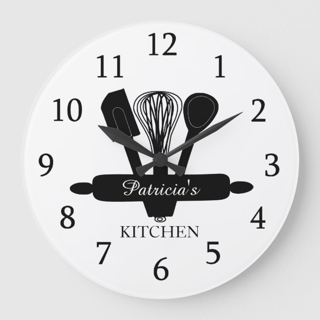  Black And White Baking Utensils Kitchen Name Large Clock (Front)