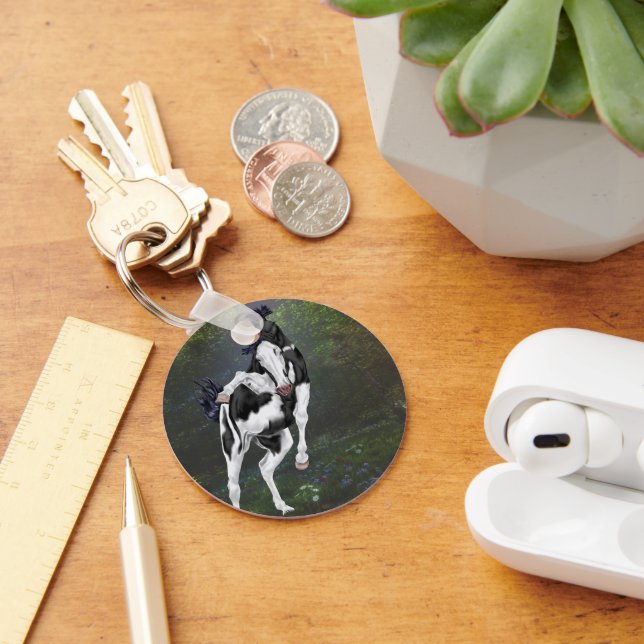 Black and White Bald Face Overo Paint Horse Key Ring (Desk)