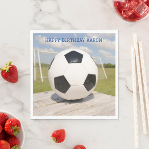 Black and white  Ball and Goal Soccer Birthday  Napkin