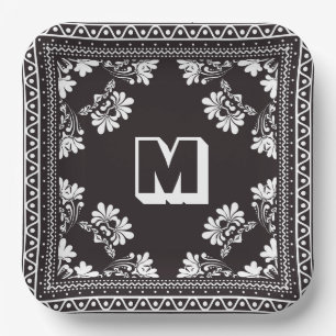 Black and White Bandanna Design With Monogram Paper Plate