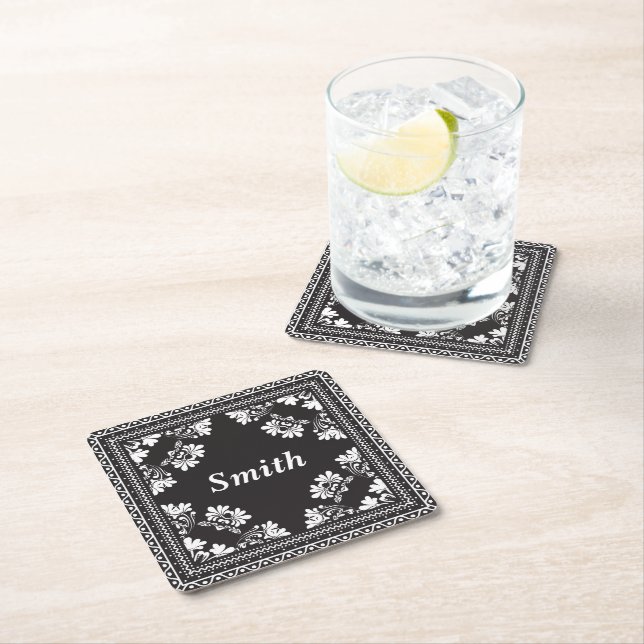 Black and White Bandanna Name Square Paper Coaster (Insitu)