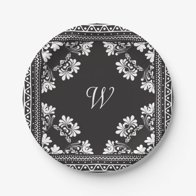 Black and White Bandanna With Monogram Paper Plate (Front)