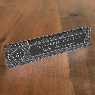 Black and White Barber Shop Manger Name Monogram Nameplate