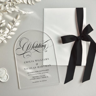Black and White Baroque Script Wedding Acrylic Invitations