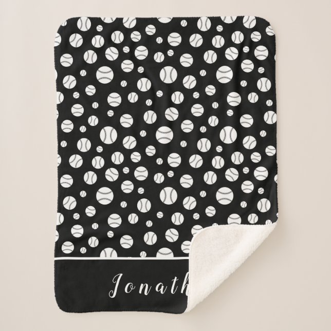 Black and White Baseball Ball Pattern Personalised Sherpa Blanket (Front)