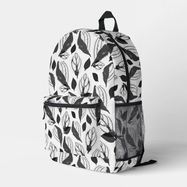 Black and White Basil Leaf Pattern Printed Backpack (Back Corner Right)