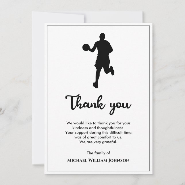 Black And White Basketball Player Funeral Memorial Thank You Card (Front)