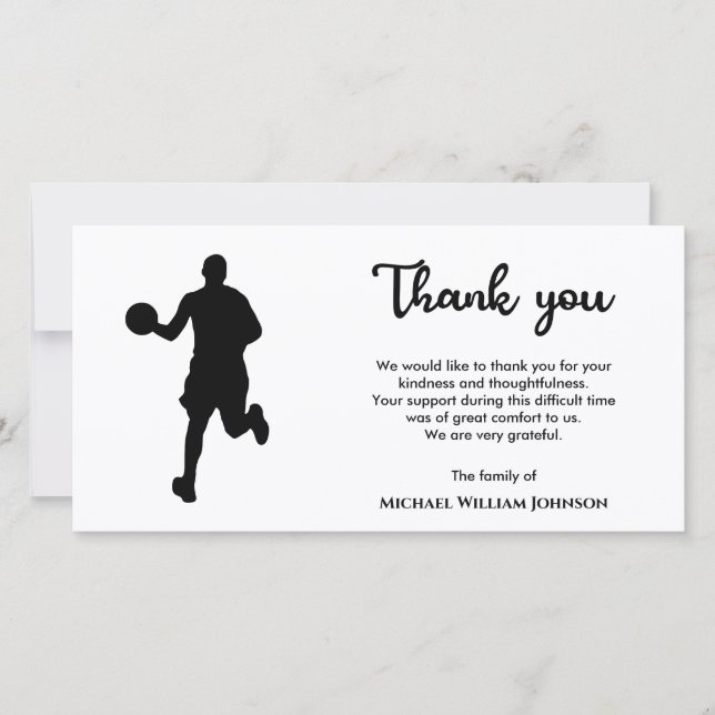 Black And White Basketball Player Memorial Funeral Thank You Card (Front)
