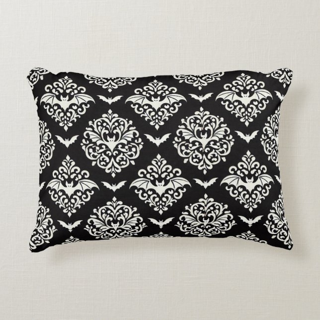 Black and White Bat Damask Decorative Cushion (Front)