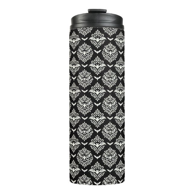 Black and White Bat Damask Thermal Tumbler (Front)